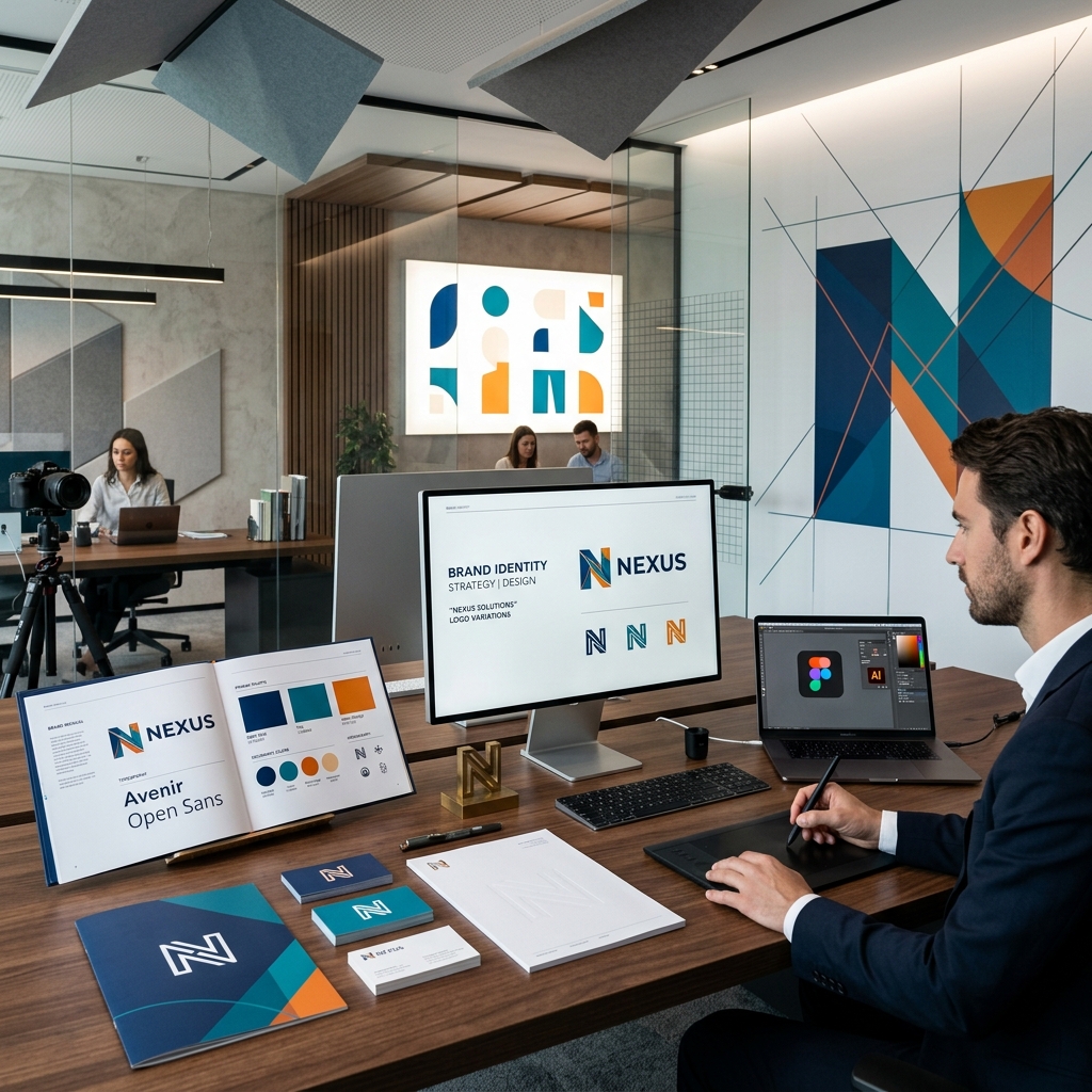 A collection of professional graphic design assets showing brand collateral and digital illustration with a clean aesthetic